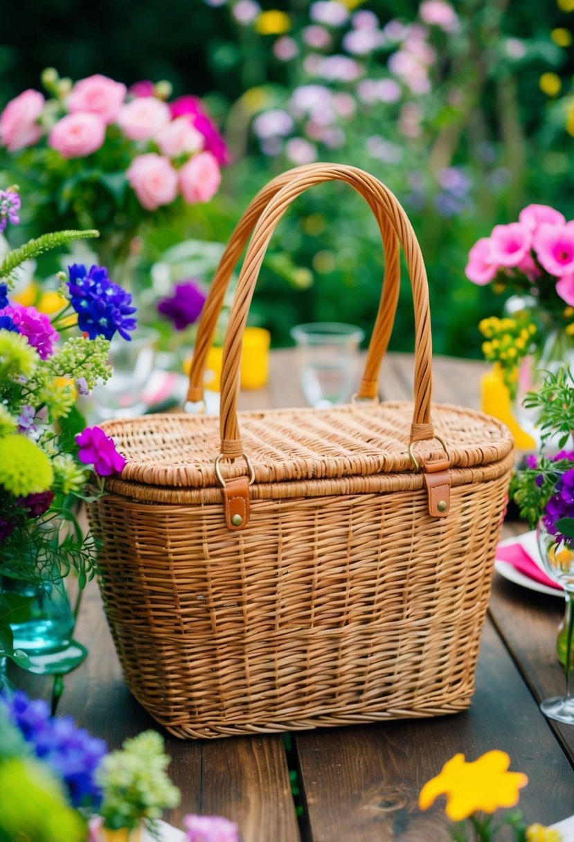 A wicker basket bag sits on a wooden table surrounded by vibrant flowers and greenery, ready for a garden party