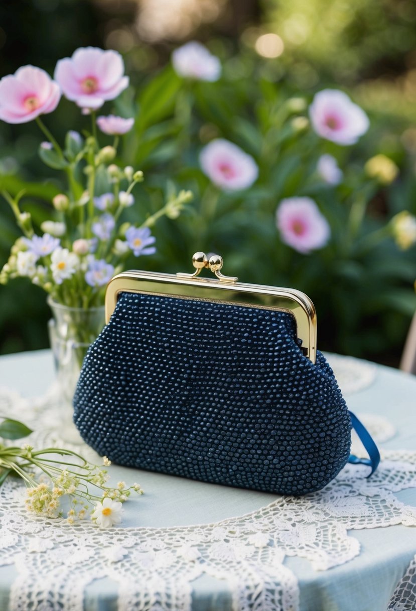 A beaded evening purse sits on a vintage garden table, surrounded by delicate flowers and a lace tablecloth