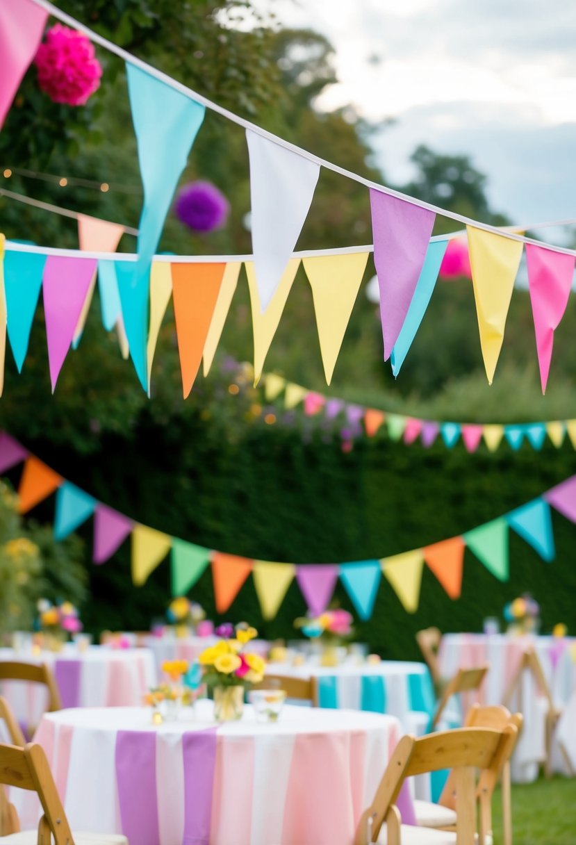 Colorful bunting flags hang from marquee, fluttering in the breeze amid vibrant garden party decorations
