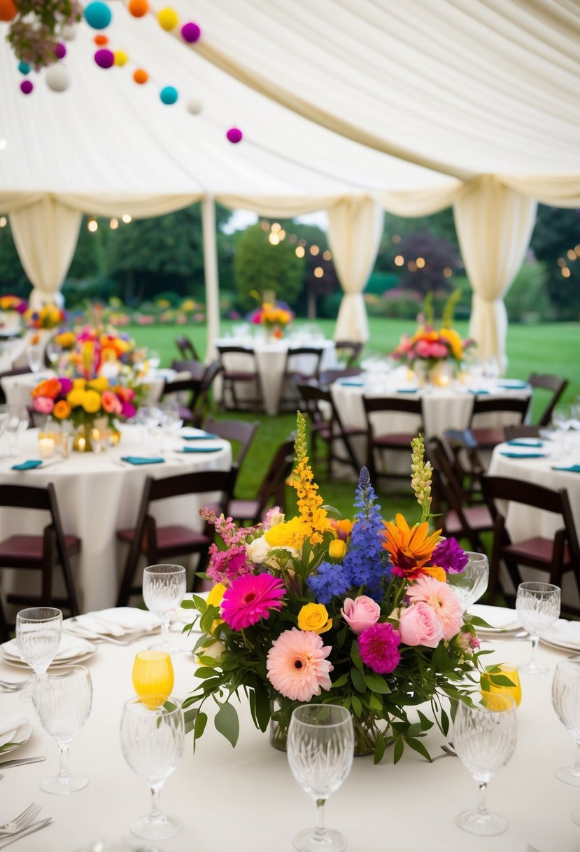 Vibrant floral centerpieces adorn tables in a garden party marquee, creating a colorful and elegant atmosphere