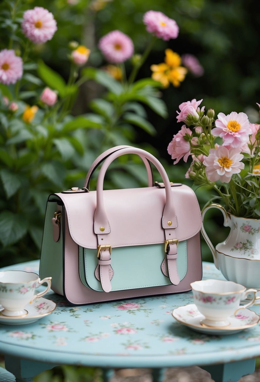 A pastel satchel sits on a vintage garden table, surrounded by blooming flowers and delicate tea cups