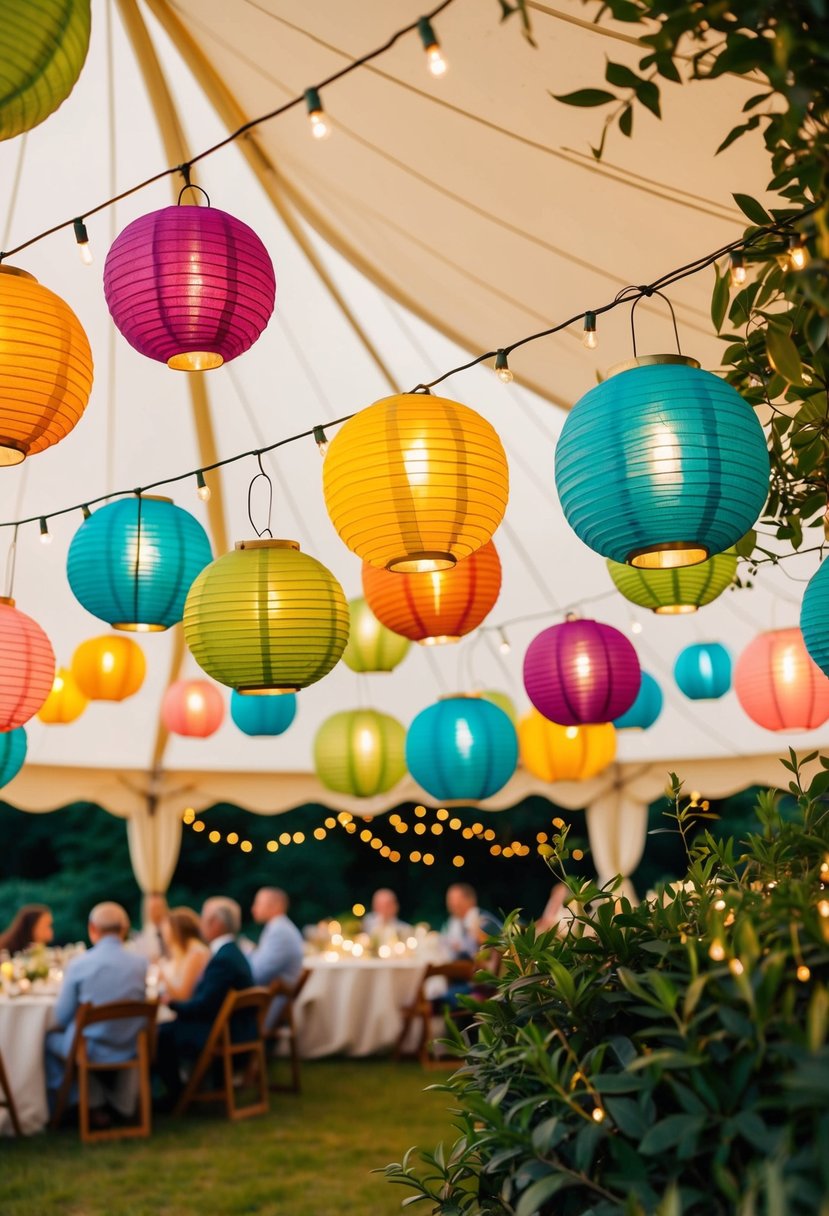 Colorful lanterns hang from the marquee, casting a warm glow over the garden party. Delicate fairy lights twinkle among the foliage, creating a magical atmosphere
