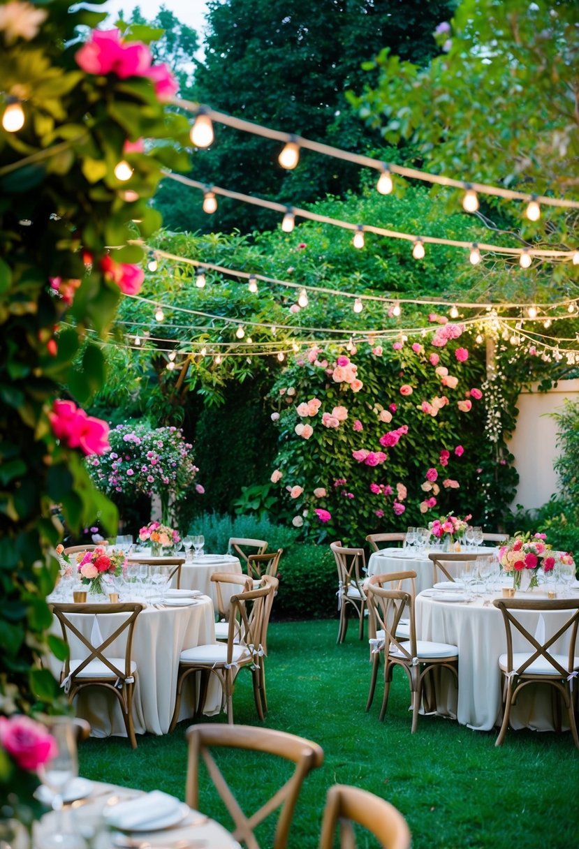A lush garden with blooming flowers and vibrant greenery, adorned with twinkling string lights and elegant tables set for a celebratory gathering