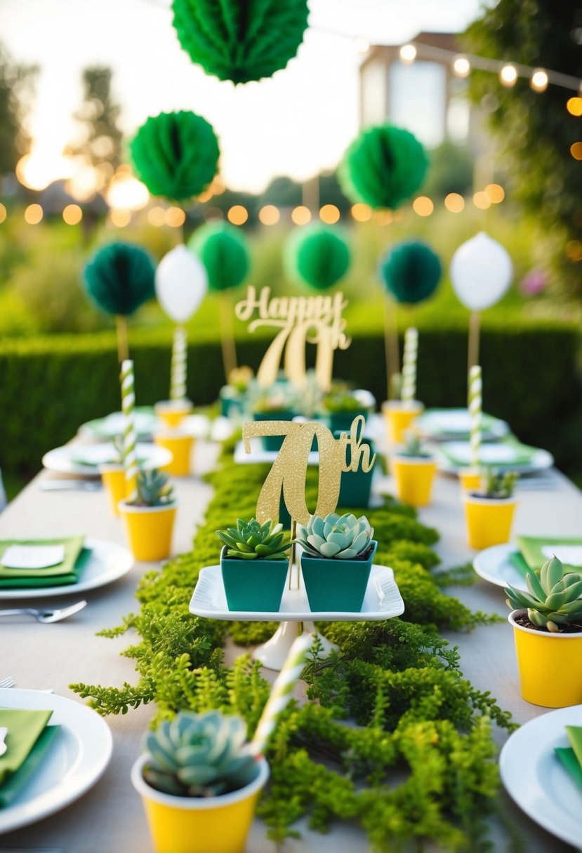 A table adorned with succulent party favors and garden-themed decorations for a father's 70th celebration