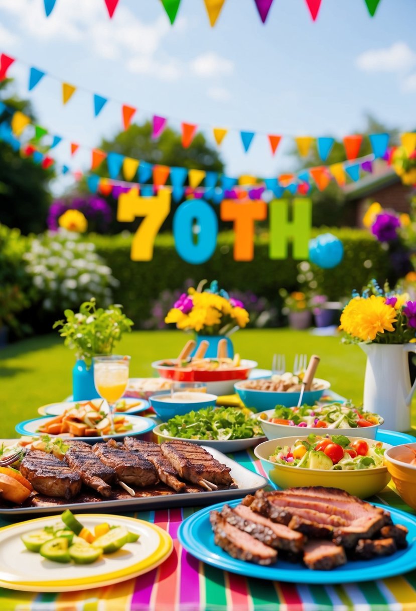 A vibrant garden party with a classic BBQ spread, featuring grilled meats, fresh salads, and colorful decorations to celebrate a father's 70th birthday