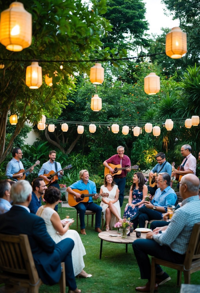 A group of people gather in a lush garden, listening to live acoustic music. Lanterns hang from trees, creating a warm and inviting atmosphere for a father's 70th birthday celebration