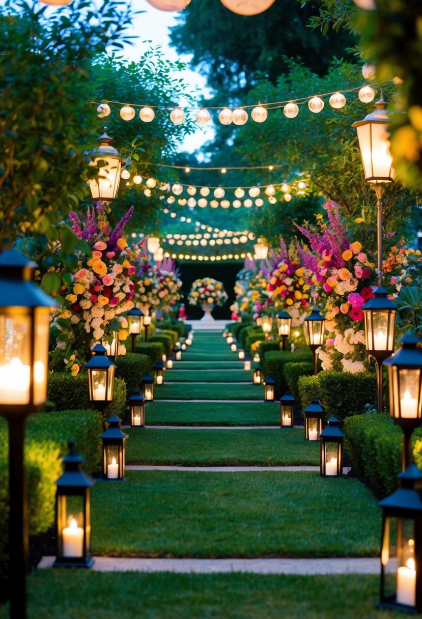 Lantern-lit pathways wind through a lush garden, adorned with regal decorations and vibrant floral arrangements for a royal garden party theme