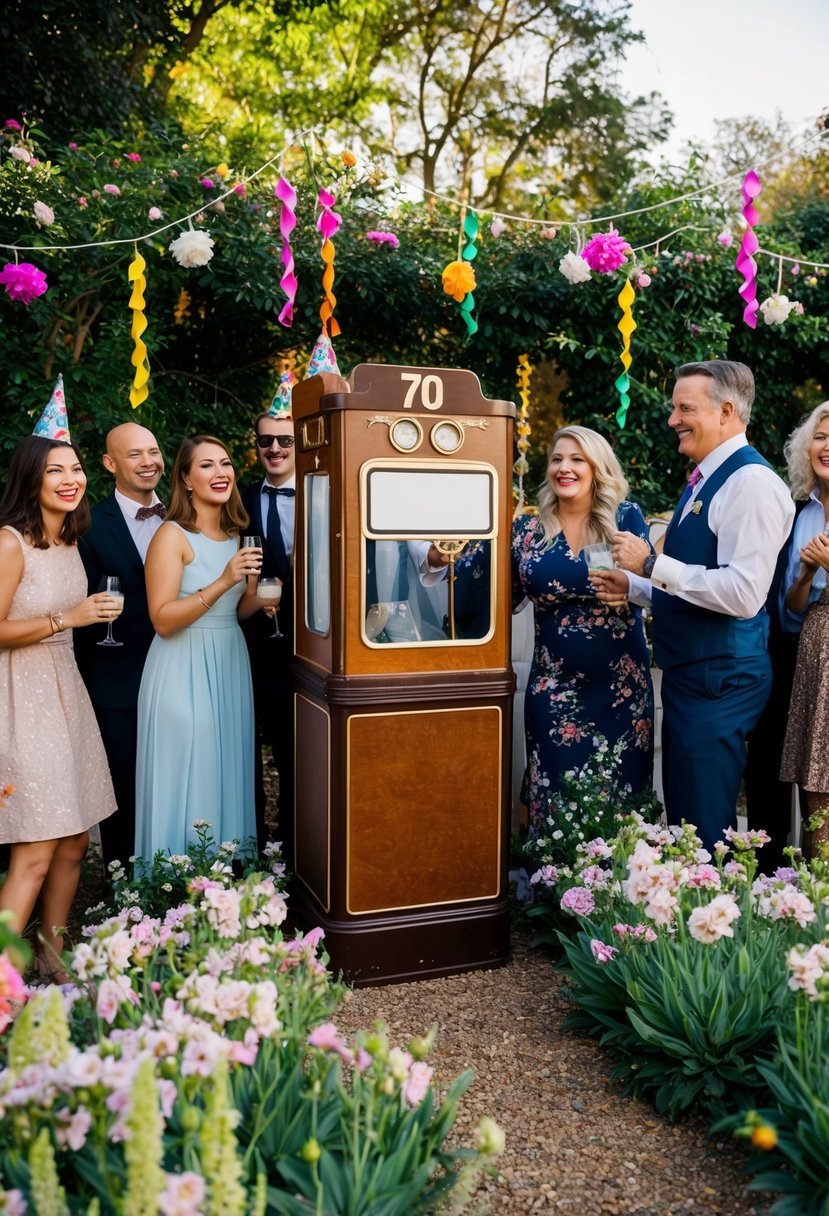 A vintage photo booth sits amidst blooming gardens at a 70th birthday celebration. Festive decorations and guests enjoying the party add to the lively atmosphere