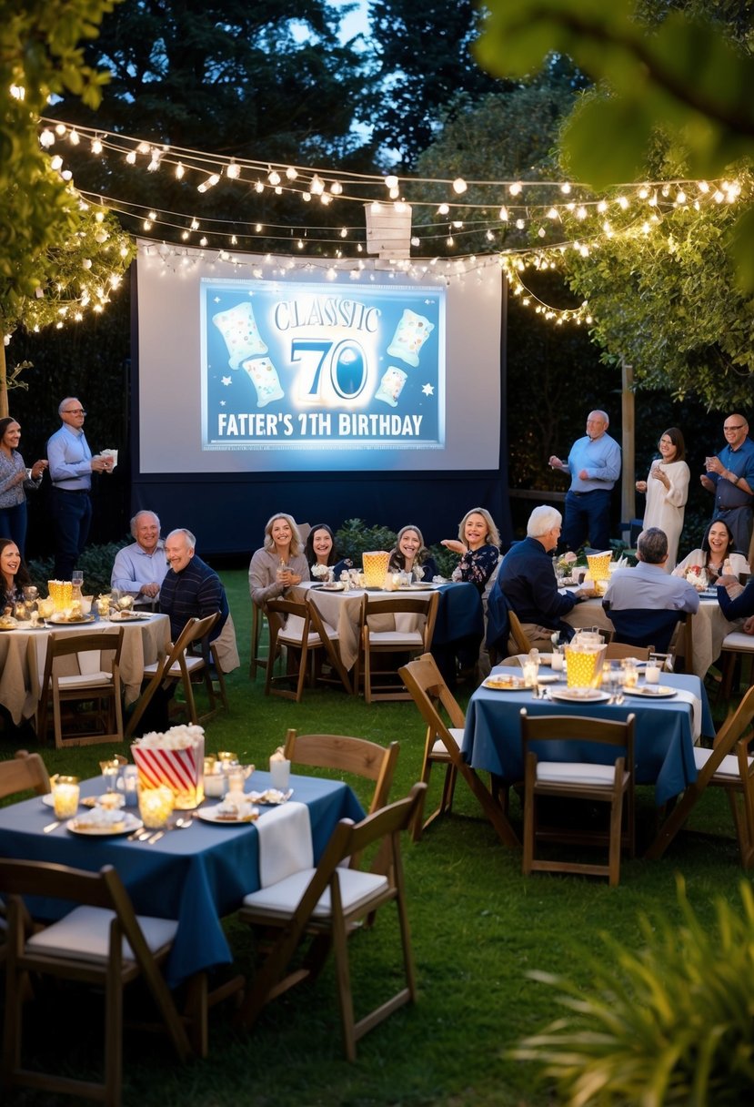 A garden filled with twinkling lights, cozy blankets, and a large screen showing a classic movie. Tables adorned with popcorn and snacks, surrounded by happy guests celebrating a father's 70th birthday