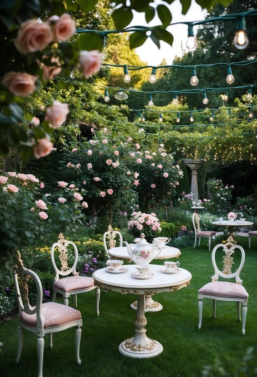 A lush garden with blooming roses, ornate vintage tea sets on elegant tables, and a canopy of twinkling lights overhead