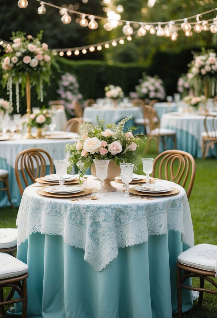 A garden table adorned with lace tablecloths, surrounded by Victorian-themed decor and floral arrangements