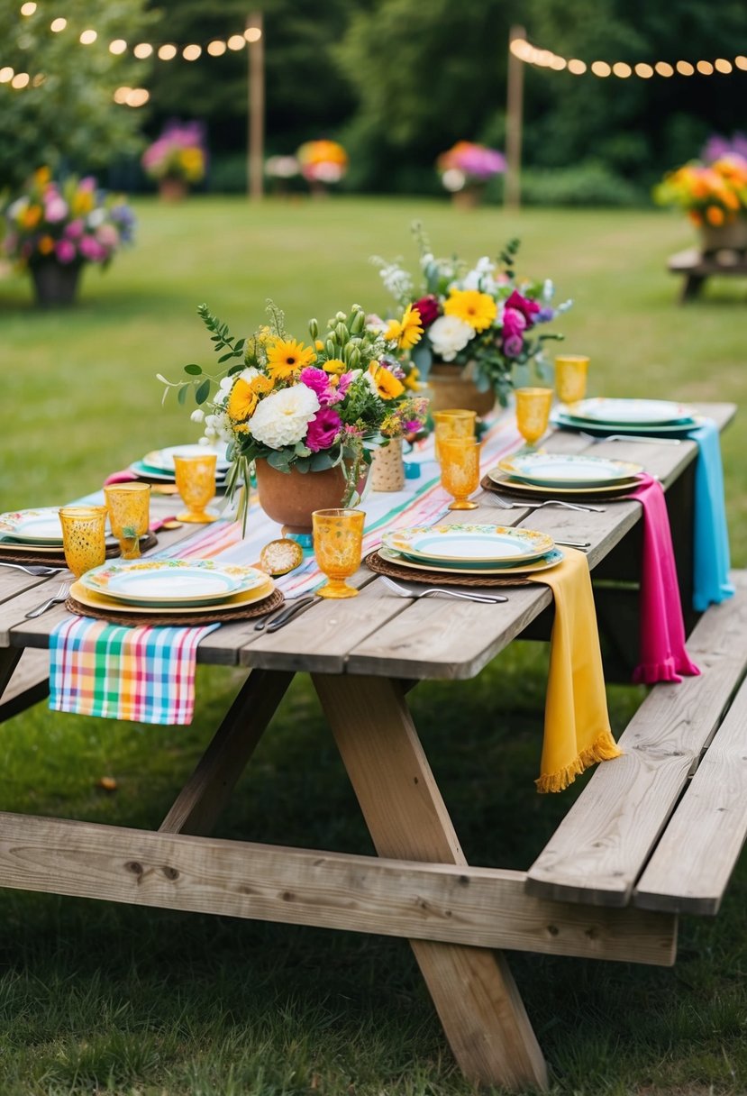 A rustic picnic table adorned with colorful tablecloths, floral centerpieces, and festive dinnerware for a father's 70th garden party celebration