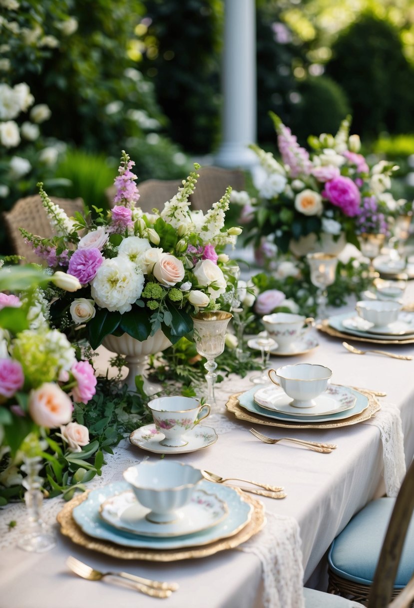 A lush garden table adorned with Victorian-style floral centerpieces and delicate lace linens. Vintage teacups and plates complete the elegant setting