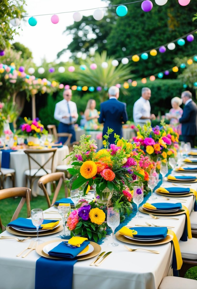 A lush garden party with vibrant floral centerpieces adorning the tables, creating a colorful and festive atmosphere for a father's 70th birthday celebration