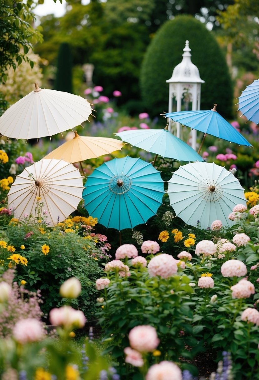 A garden filled with vintage parasols, surrounded by blooming flowers and elegant Victorian decor