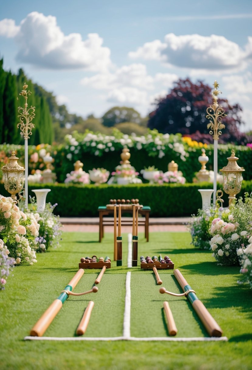 A lush garden with elegant croquet set, surrounded by blooming flowers and ornate decorations for a royal garden party theme