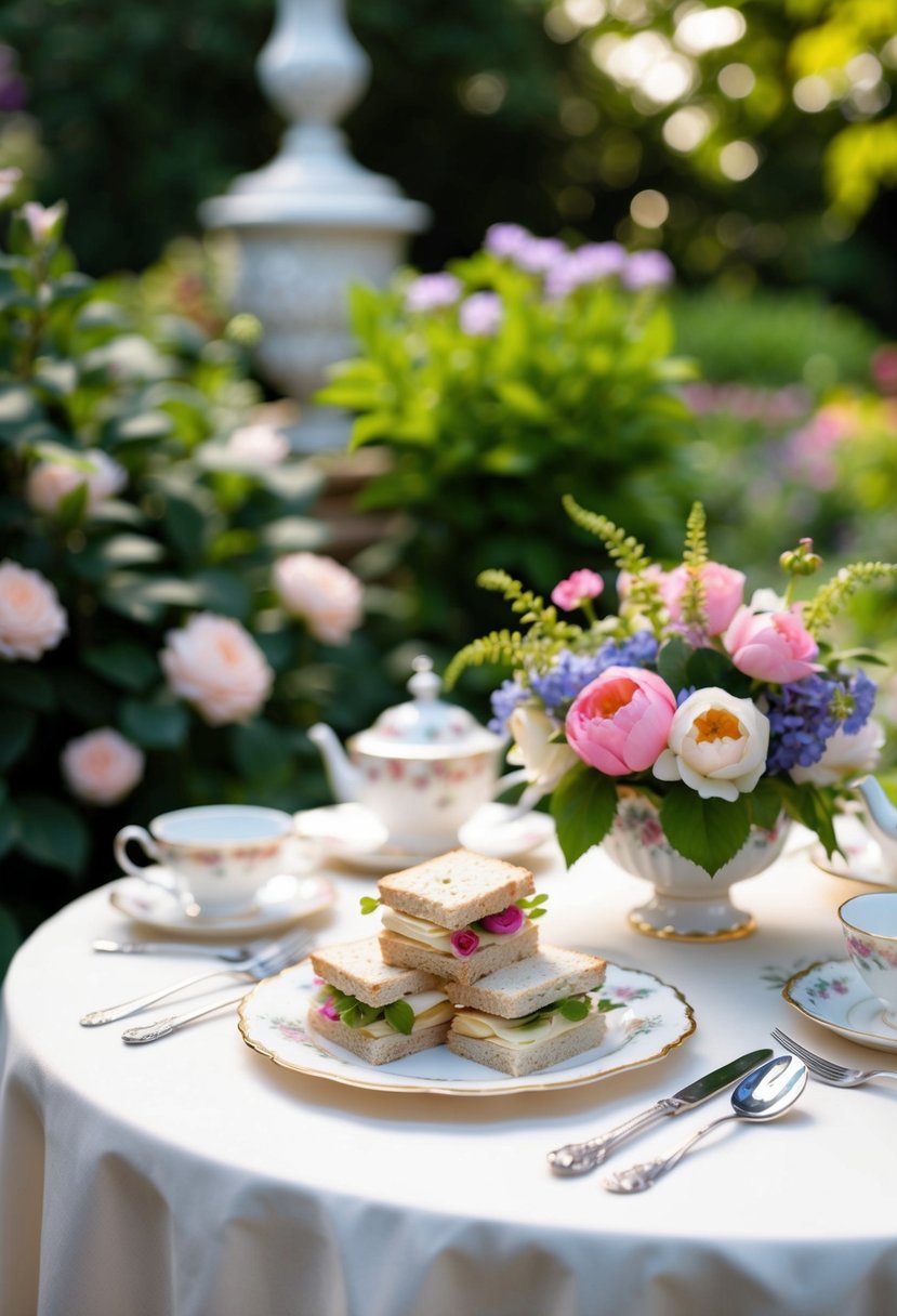 A table set with delicate tea sandwiches and floral decorations in a lush Victorian garden