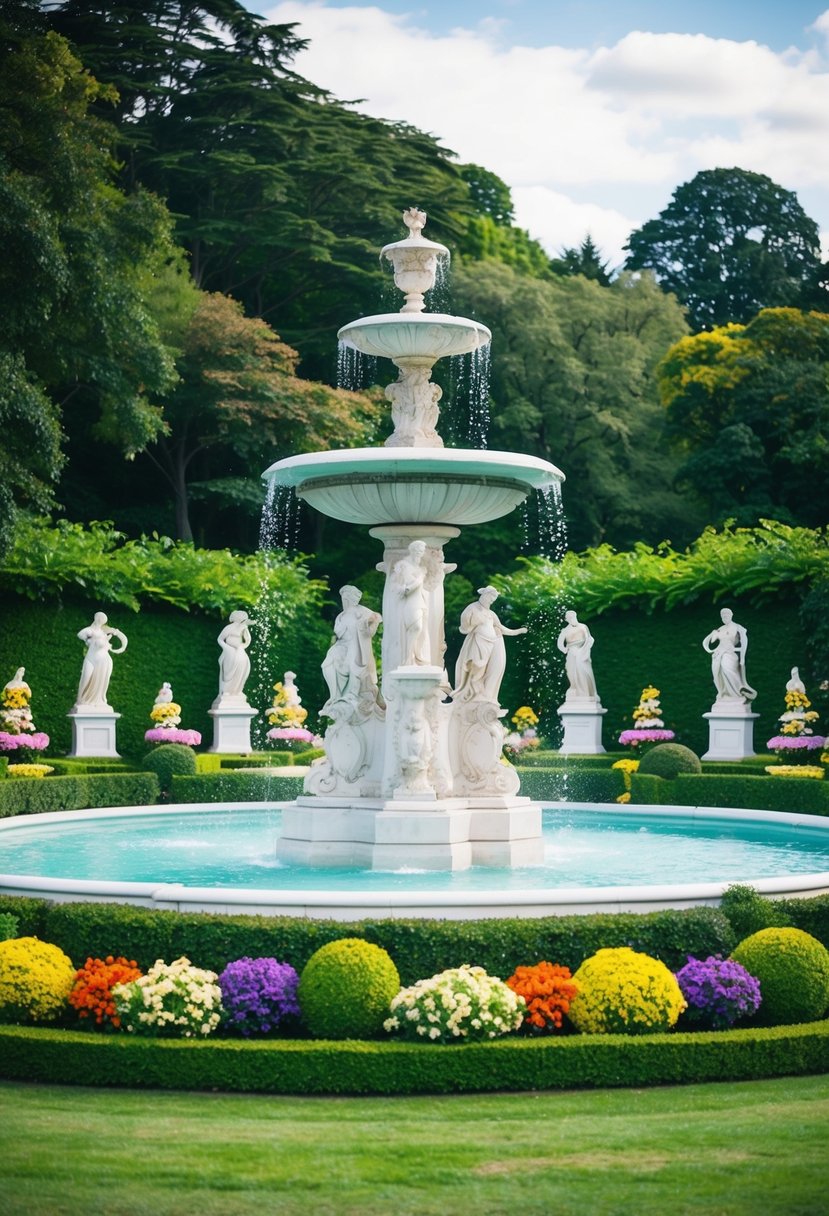 A grand fountain surrounded by lush greenery, adorned with elegant statues and colorful flowers, creating a regal atmosphere for a royal garden party