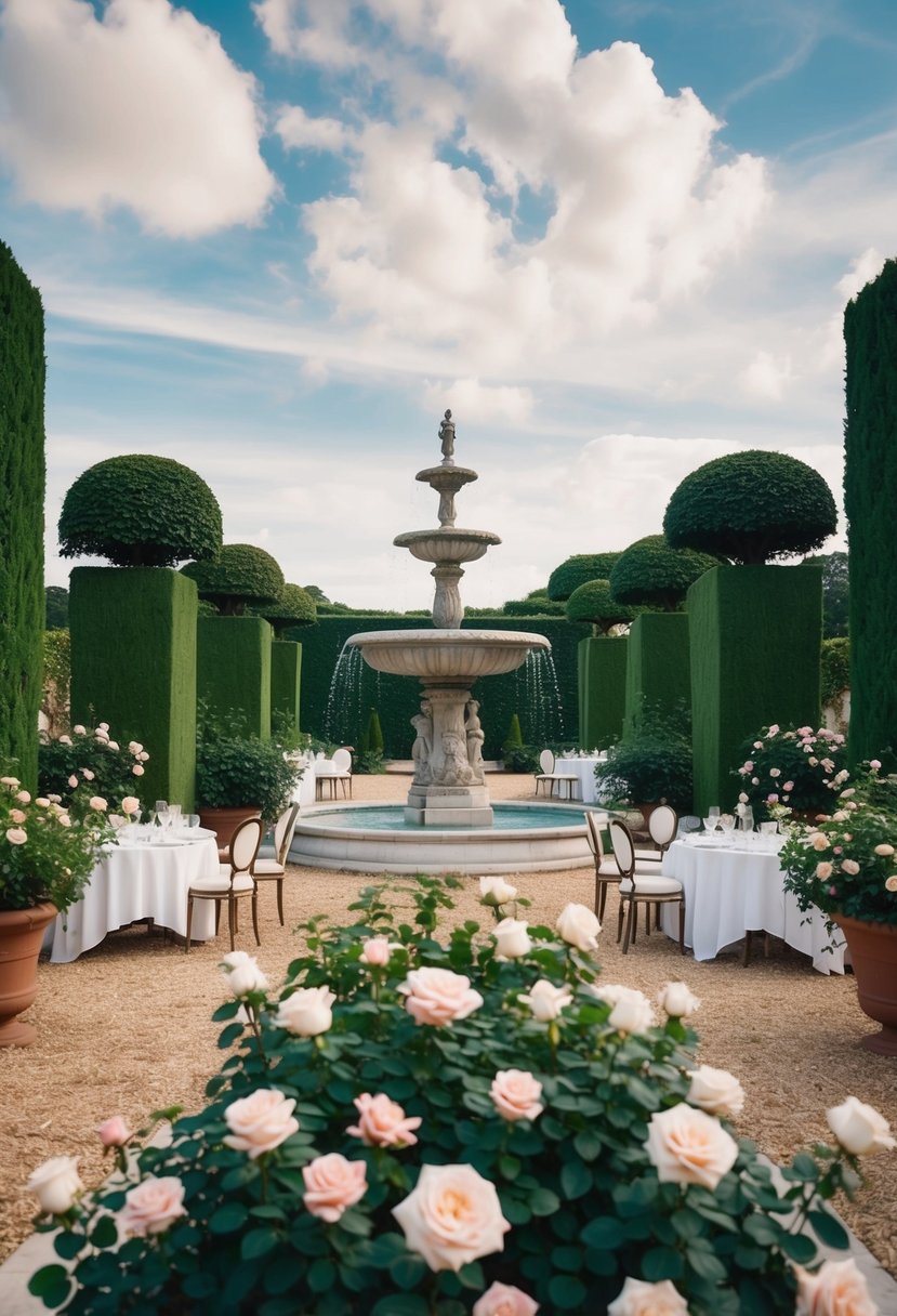 A grand garden with ornate topiaries, blooming roses, and a regal fountain surrounded by elegant tables and chairs