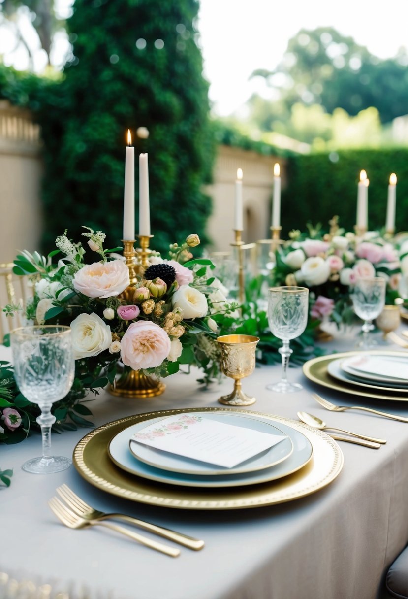 Elegant place settings on a table with ornate floral centerpieces and gold accents, set in a lush garden with a regal atmosphere