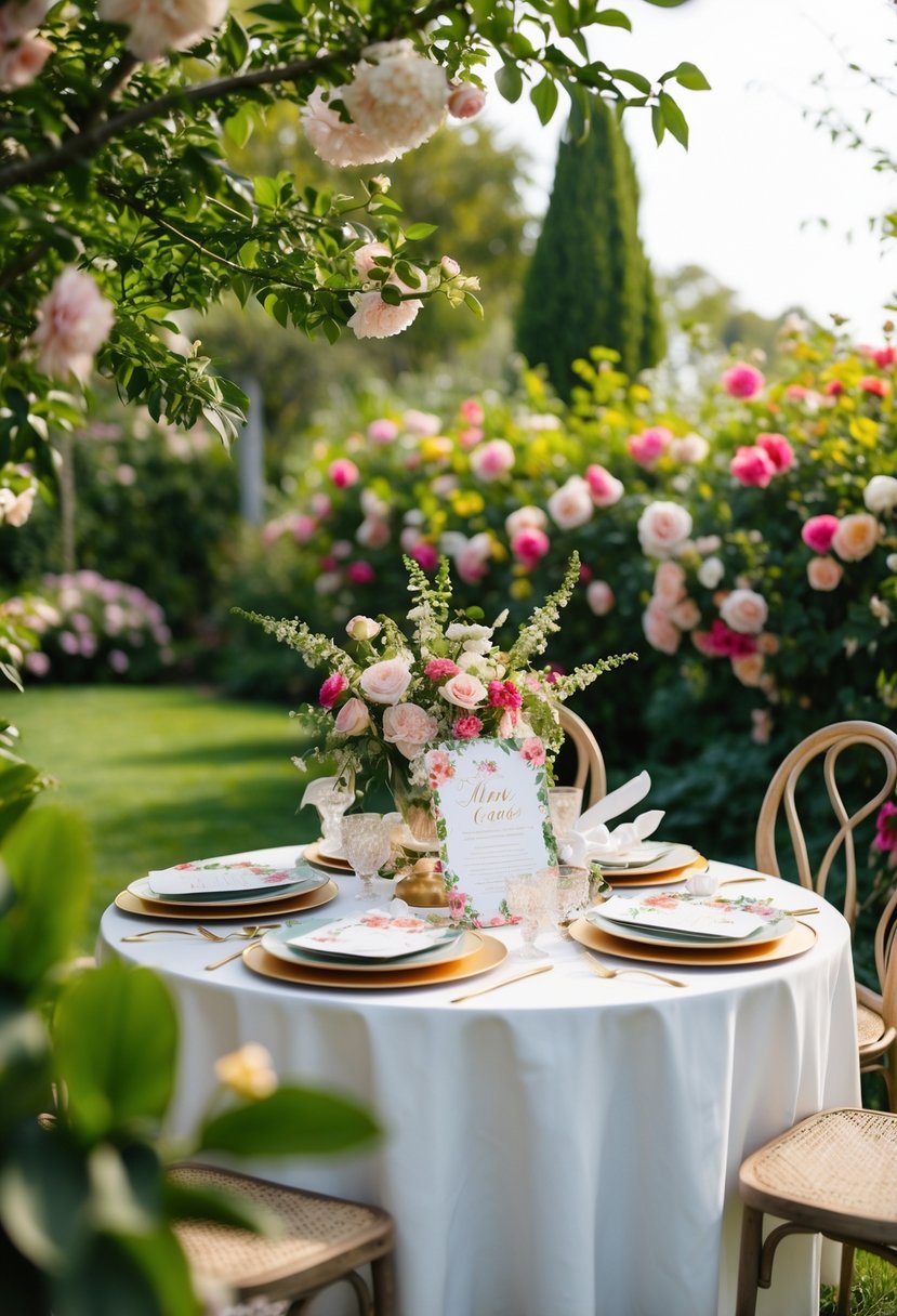 A lush garden with blooming flowers, a table set with elegant floral invitations, and a whimsical baby shower theme
