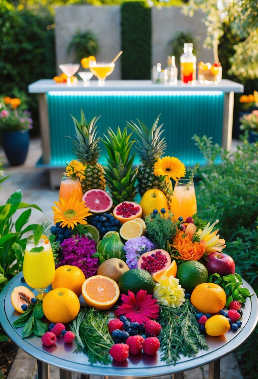 A colorful array of fresh fruits, herbs, and flowers arranged around a cocktail bar in a lush garden setting