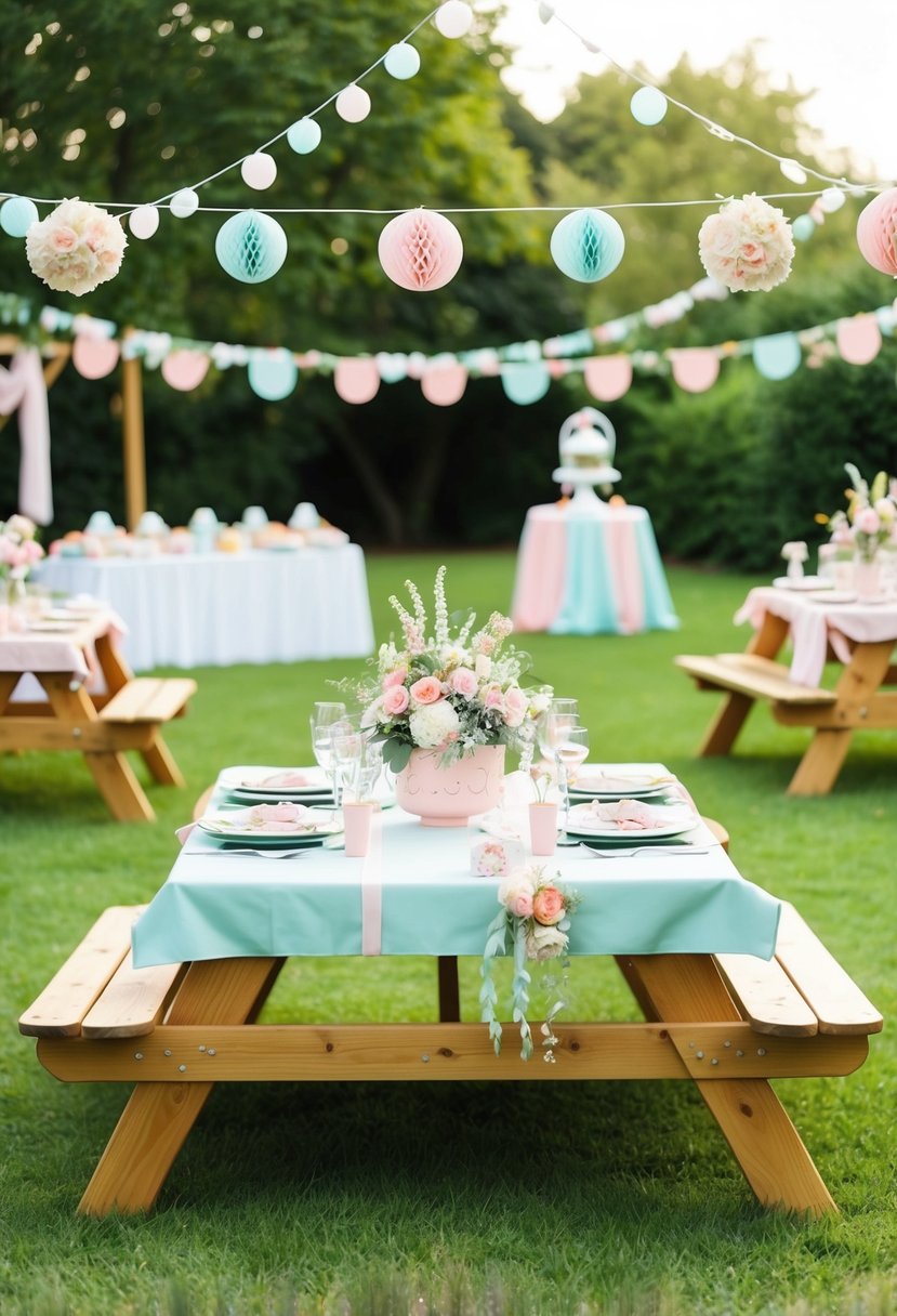 A garden party with wooden picnic tables decorated for a baby shower, with pastel colors, floral arrangements, and baby-themed decorations