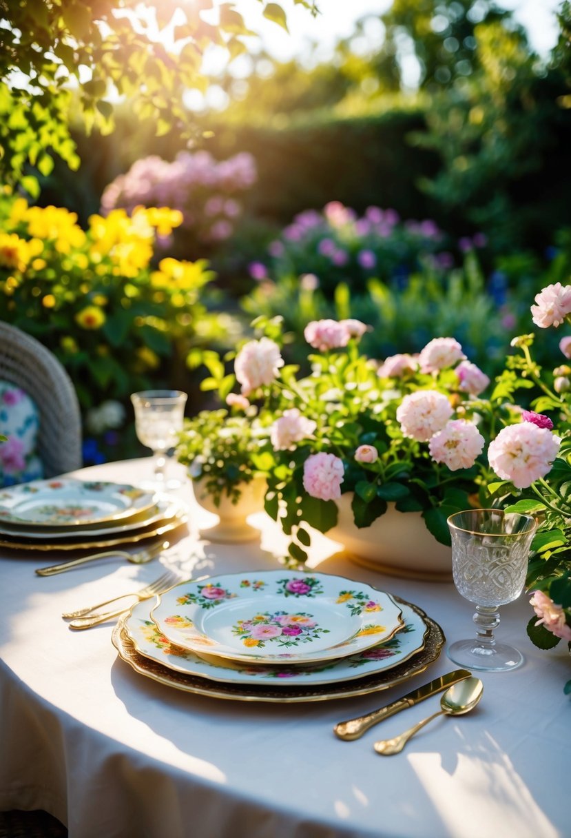 A garden table set with vintage floral plates, surrounded by blooming flowers and greenery, under a warm, dappled sunlight