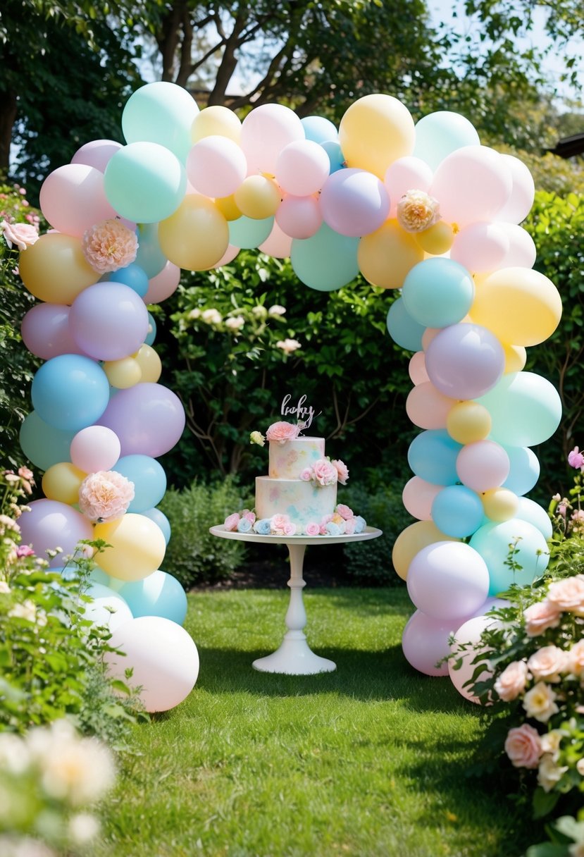 A garden adorned with a pastel balloon arch, surrounded by lush greenery and blooming flowers, sets the scene for a whimsical baby shower