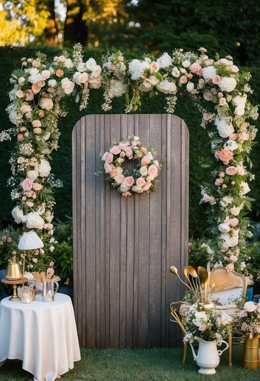 A rustic photo booth surrounded by blooming flowers and vintage props in a garden party setting