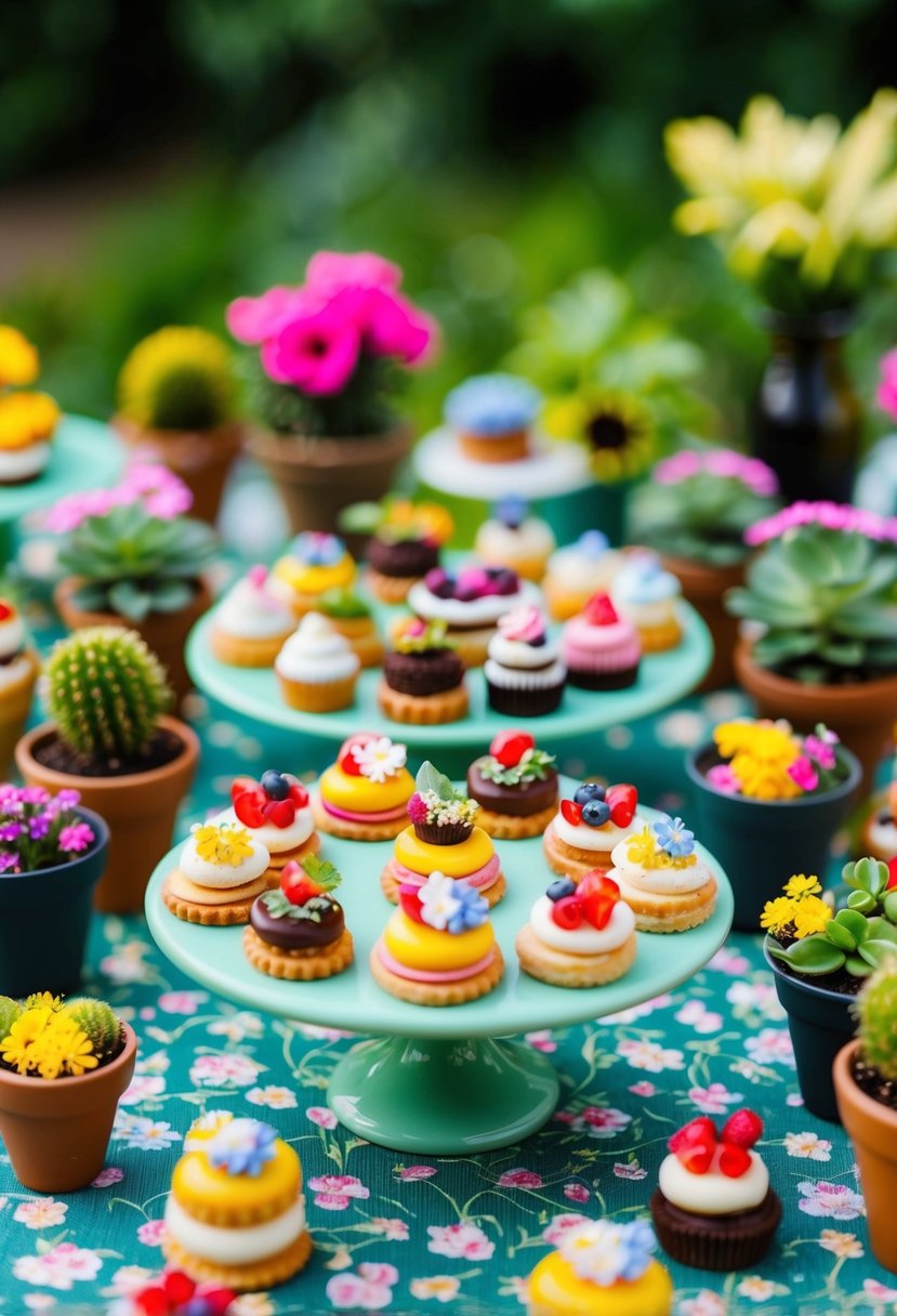 A colorful array of tiny desserts and pastries are displayed on a garden-themed table, surrounded by miniature potted plants and floral decorations