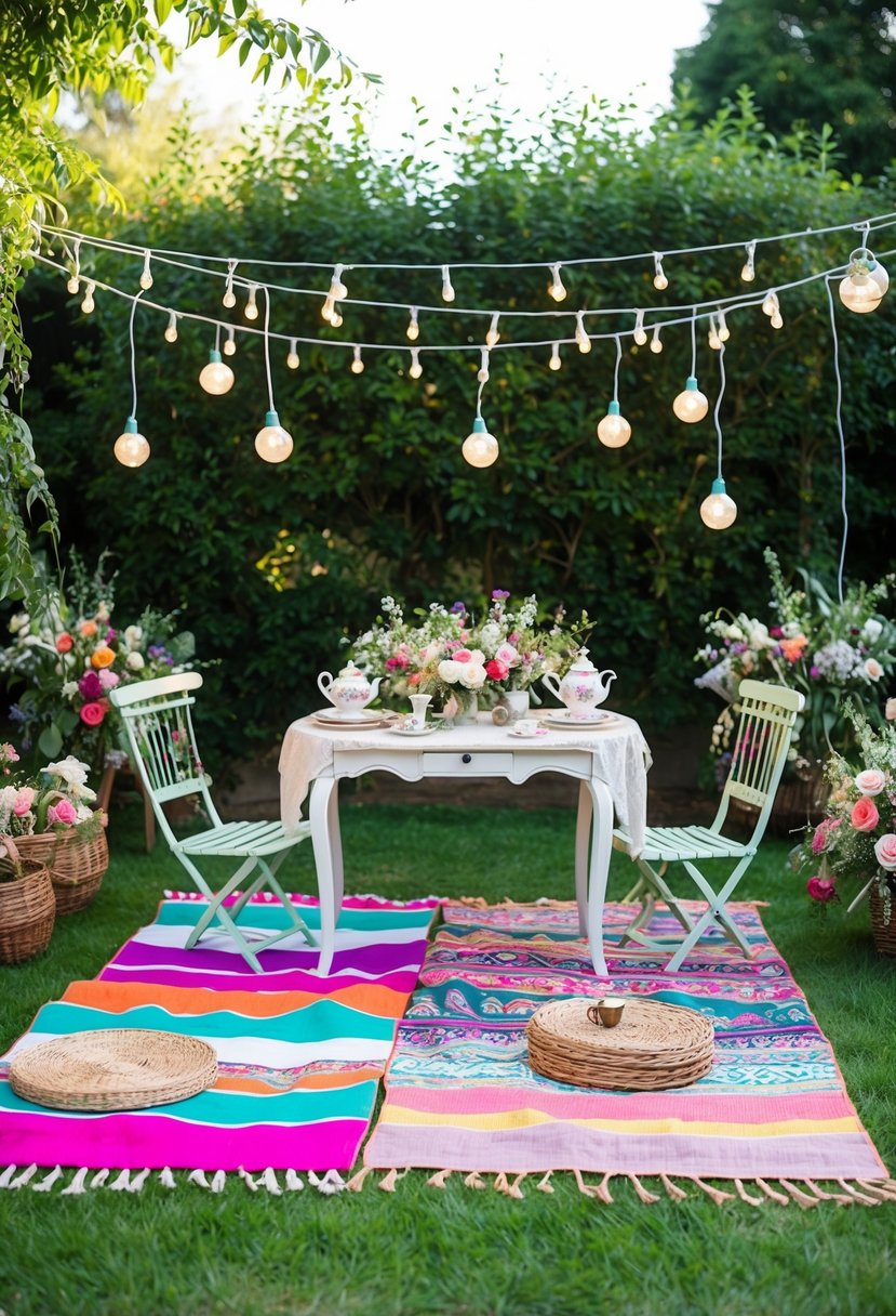 A garden filled with colorful boho picnic rugs, surrounded by hanging fairy lights and lush greenery. A table adorned with floral arrangements and vintage tea sets sets the scene for a whimsical baby shower