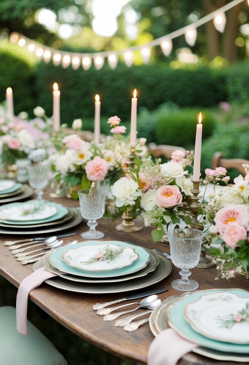 A vintage garden party table adorned with antique silverware and delicate floral arrangements