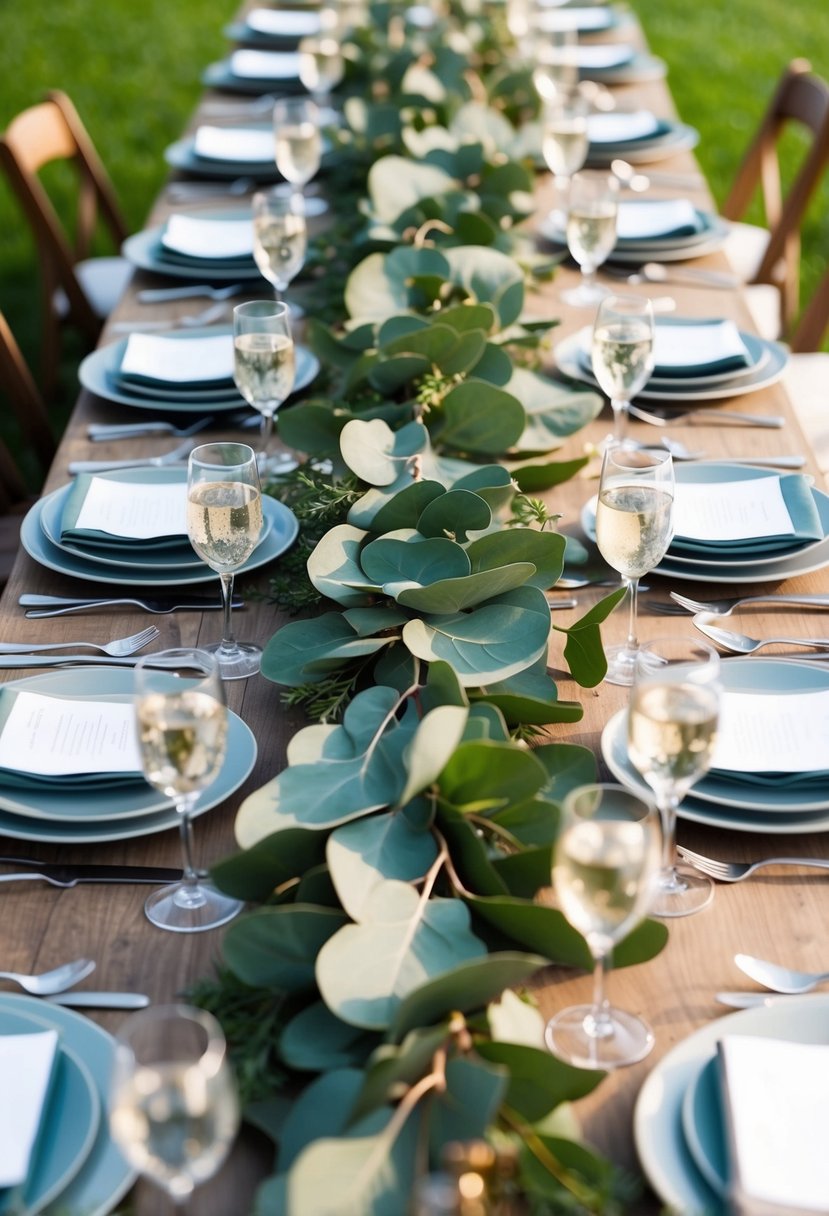 A long table adorned with a lush eucalyptus garland as a table runner, set for an elegant garden party