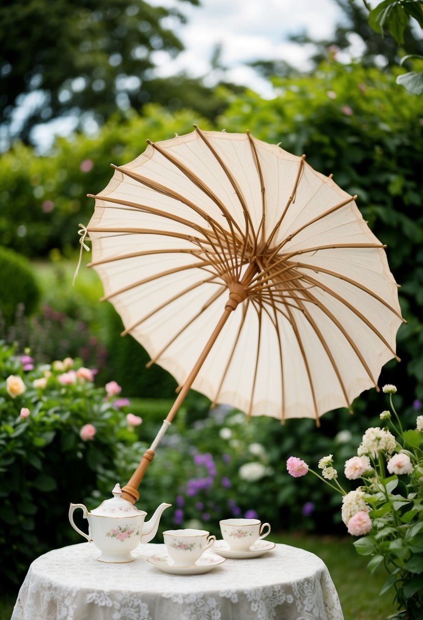 A vintage parasol stands open in a lush garden, surrounded by delicate teacups and saucers on a lace tablecloth. A soft breeze rustles the flowers and ribbons, creating an idyllic setting for an engagement photoshoot