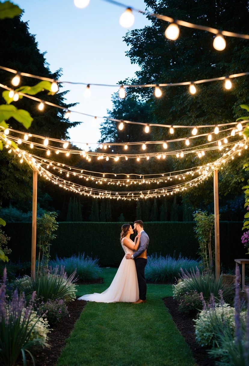 A garden at dusk, draped in twinkling string lights, creating a magical canopy for an engagement photoshoot