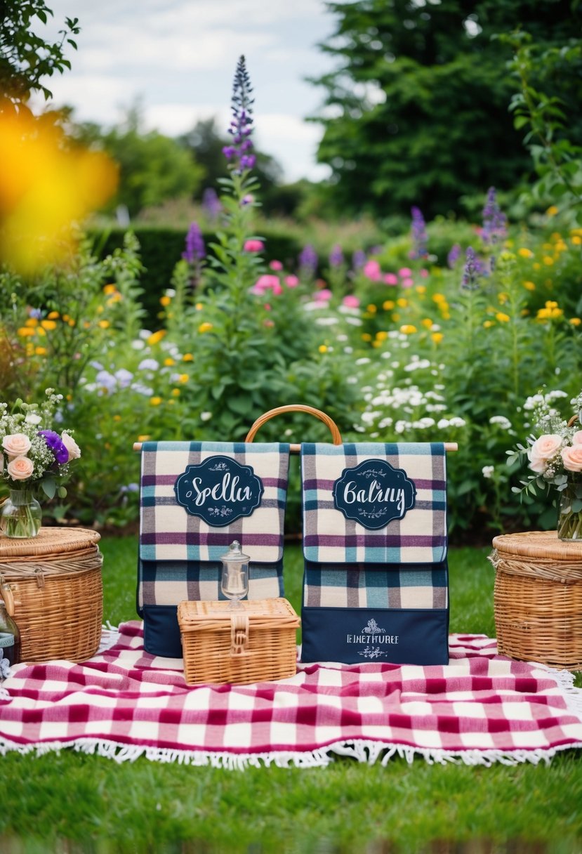 A garden set with personalized picnic blankets, surrounded by flowers and greenery, ideal for an engagement photoshoot