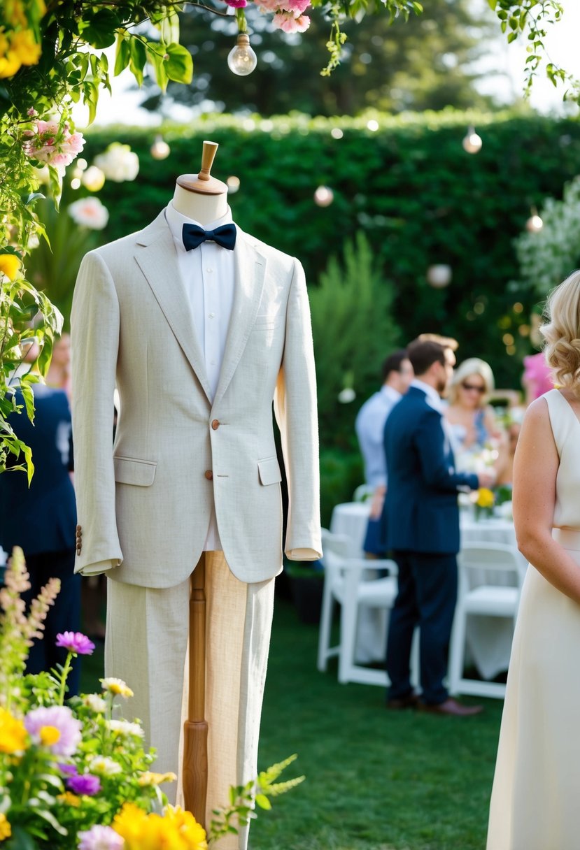A garden party scene with a mannequin wearing a linen suit and a bow tie, surrounded by lush greenery and colorful flowers