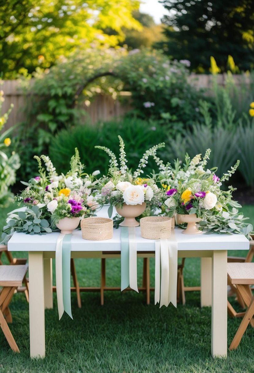 A table with an array of fresh flowers, greenery, and ribbon arranged in a garden setting for a DIY flower crown station