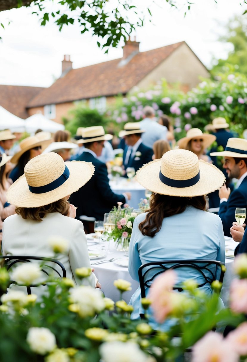 A garden party with guests wearing wide-brim straw hats, surrounded by blooming flowers and a quaint outdoor setting