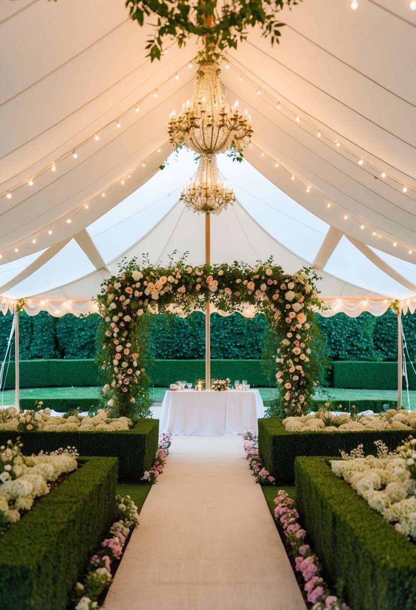 An elegantly decorated garden tent with twinkling lights and lush floral arrangements, surrounded by manicured hedges and blooming flowers