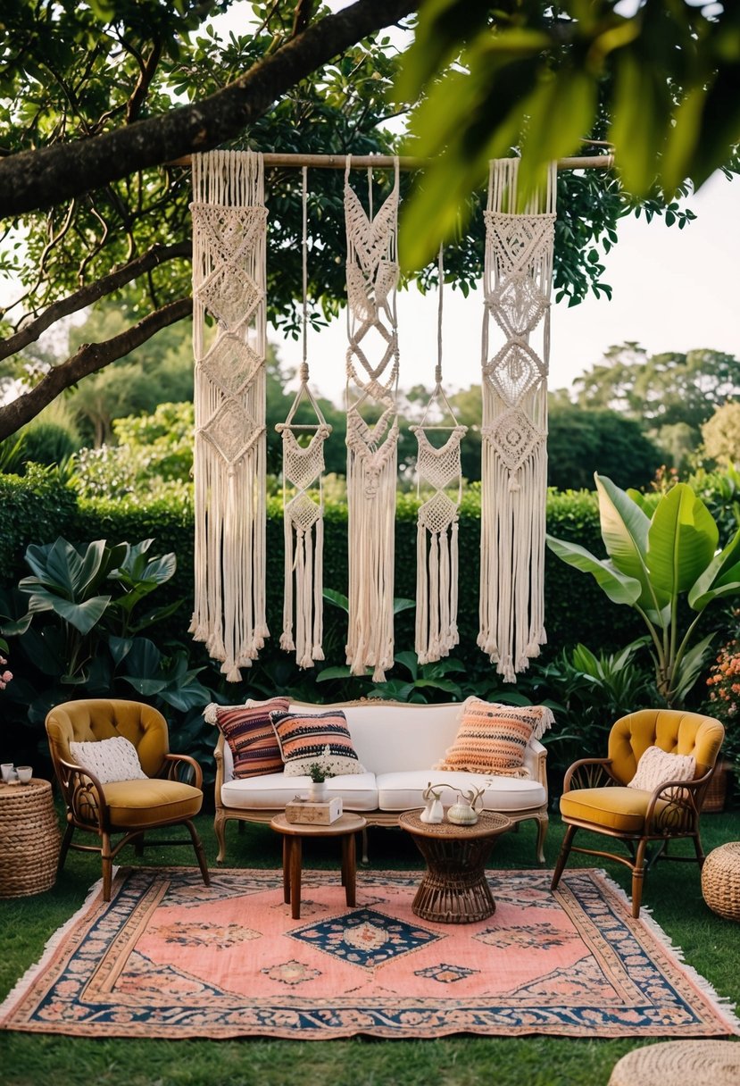 A lush garden with hanging macramé decorations, vintage rugs, and bohemian furniture set up for an engagement photo shoot