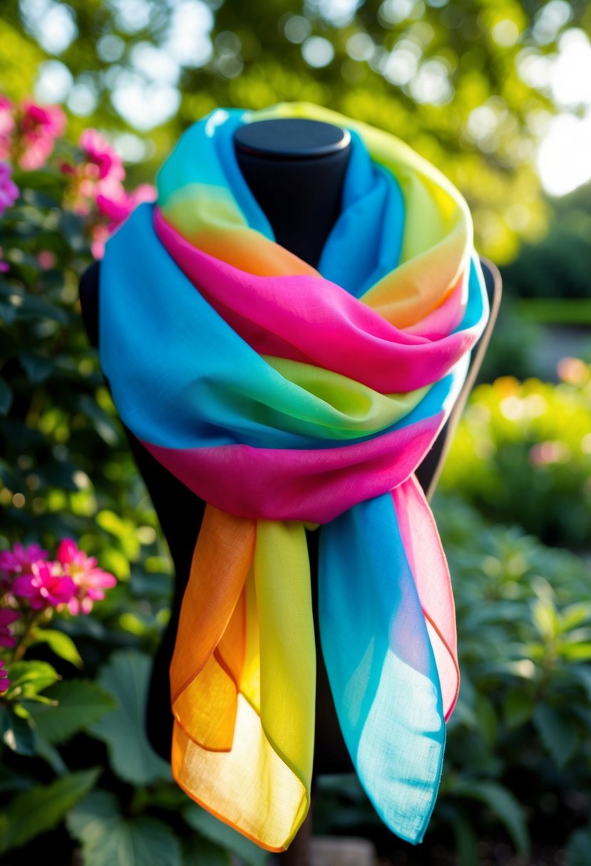 A colorful chiffon scarf gently billows in a lush garden, surrounded by vibrant flowers and dappled sunlight