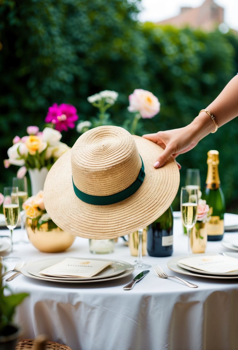 A woman's hand places a breathable Panama hat on a table amidst a garden party setting with flowers and champagne