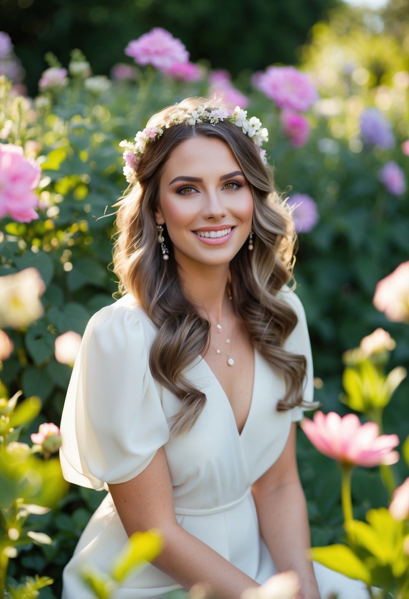 A woman with loose waves sits in a garden, surrounded by flowers and soft sunlight, a romantic hairstyle for a garden party