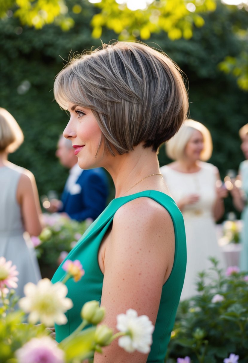 A woman with a textured bob cut admires a garden party, surrounded by blooming flowers and greenery