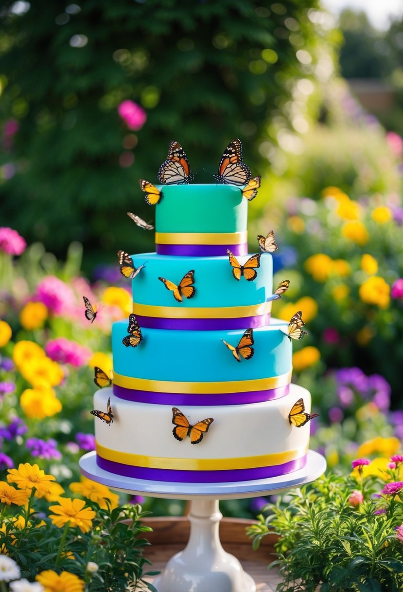 A colorful garden with a tiered cake adorned with fluttering butterflies, surrounded by blooming flowers and greenery