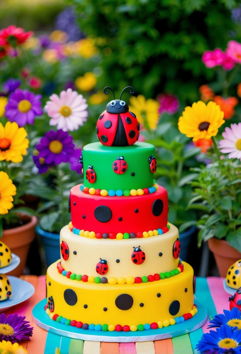 A colorful garden scene with a tiered Ladybug Delight Cake as the centerpiece, surrounded by blooming flowers and playful ladybug decorations