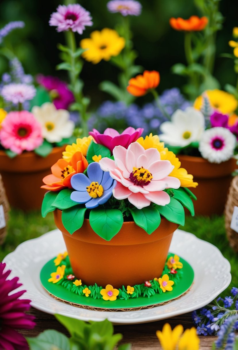 A colorful blooming flower pot cake surrounded by garden-themed decorations