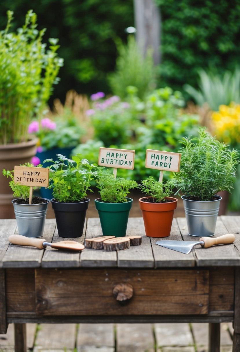 A quaint herb garden with potted plants, wooden signs, and small gardening tools arranged on a rustic table for a birthday celebration